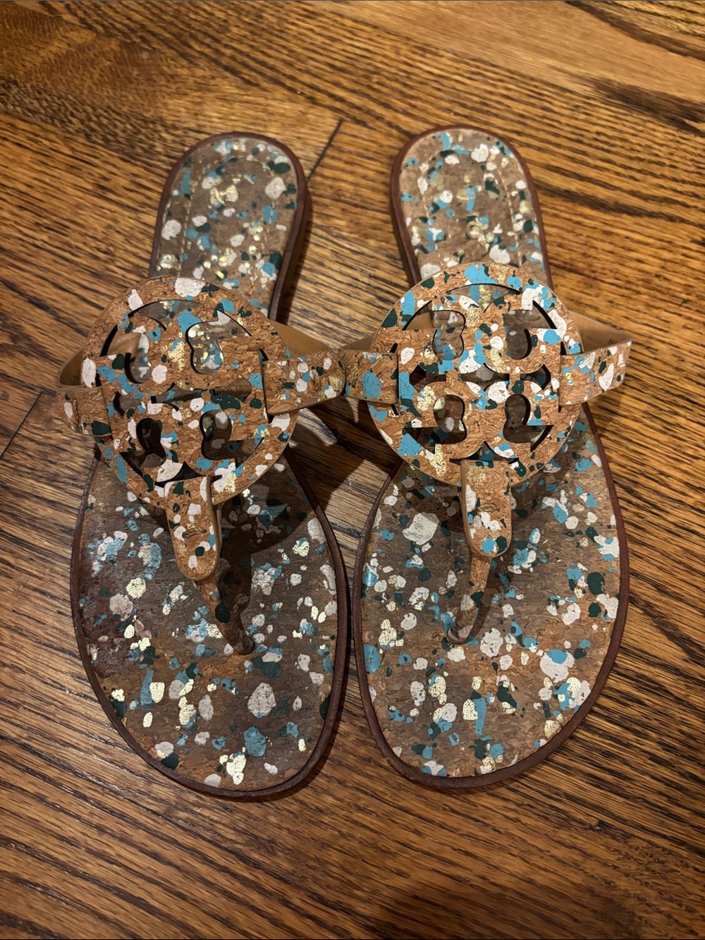 Tory Burch Brown Cork Thong Sandals with Teal and Gold Flecks